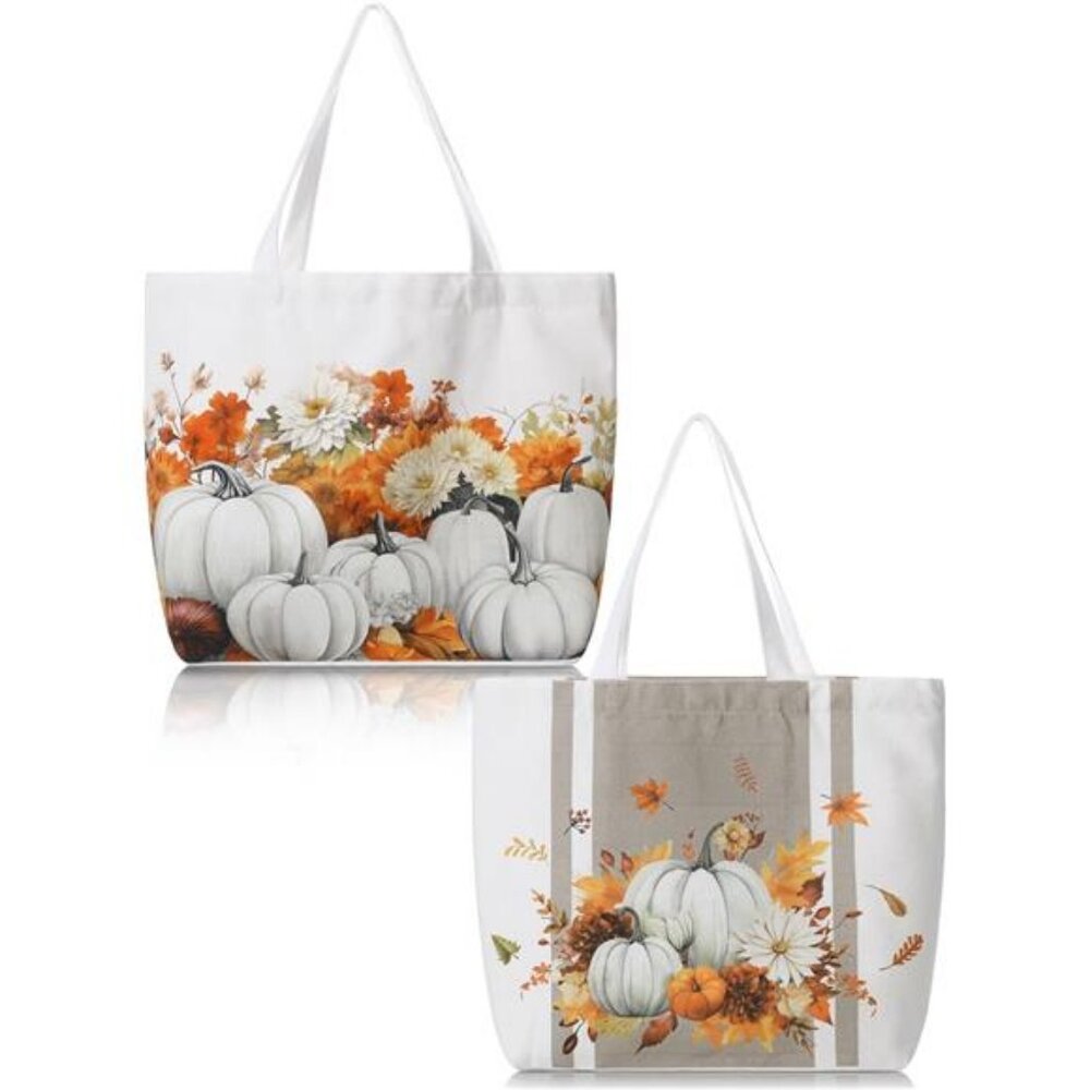 Bencailor 2 Pcs Fall Canvas‎ Tote Bag Thanksgiving Pumpkin Maple Leaf Tote Pouch